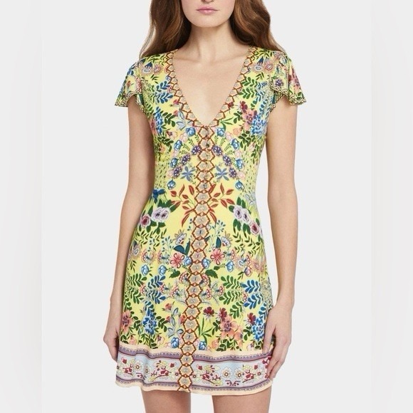 Alice + Olivia Hadley Floral Yellow Mini Fit & Flare Crepe Dress Sz 6 Tropical - Picture 6 of 16